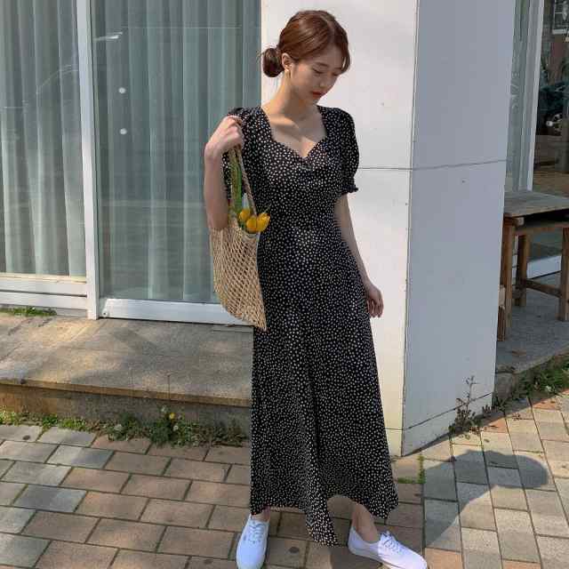 ワンピース ロングワンピース 花柄 パフスリーブ フリル 半袖 レディース ボリューム 袖 ロング丈 マキシ丈 お洒落 オシャレ かわいい 大人可愛い 上品 エレガント きれいめ こなれ感 シンプル 