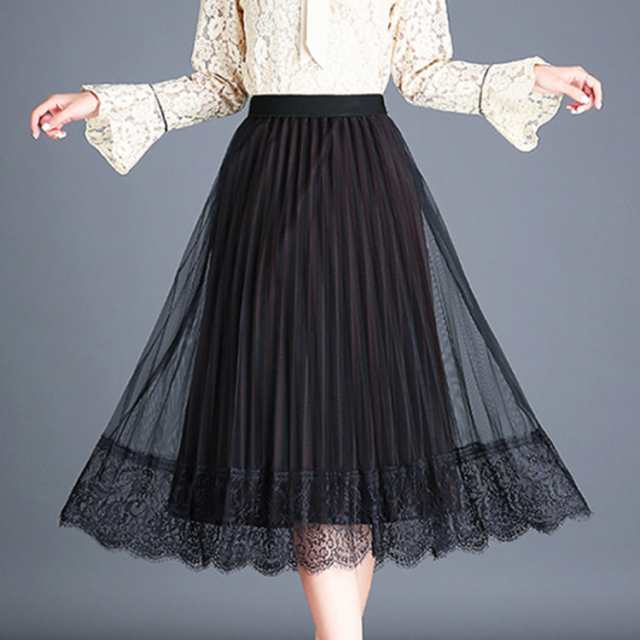 両面着用 プリーツスカート 裏地付き ウエストゴム スカート レース 美足 ロングスカート スリム 体型隠し きれいめ 春秋 カジュアル 脚長効果 着やせ 着回し 高見え スカート レディース プリー