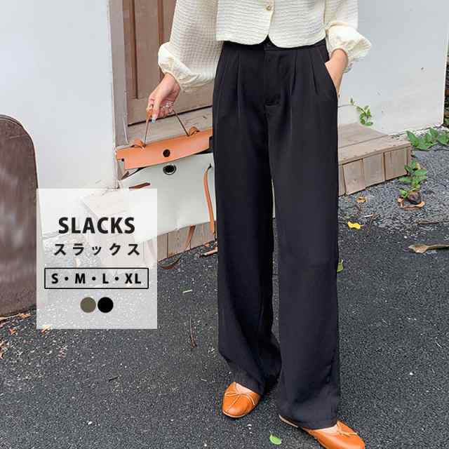 スラックス レディース ロングパンツ ボトムス 春秋 10分丈 きれいめ 薄手 黒 ストレート ピンタック ポケット フロントボタン ウエストゴム バックゴム シンプル 無地 オフィスカジュアル フォ