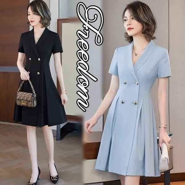 ワンピース OL 通勤 ワンピ オフィス 制服 ビジネス フォーマル 上品デザイン！ダブル釦タック入りワンピース S M L 2L 3L 4L 5L サイズ セール